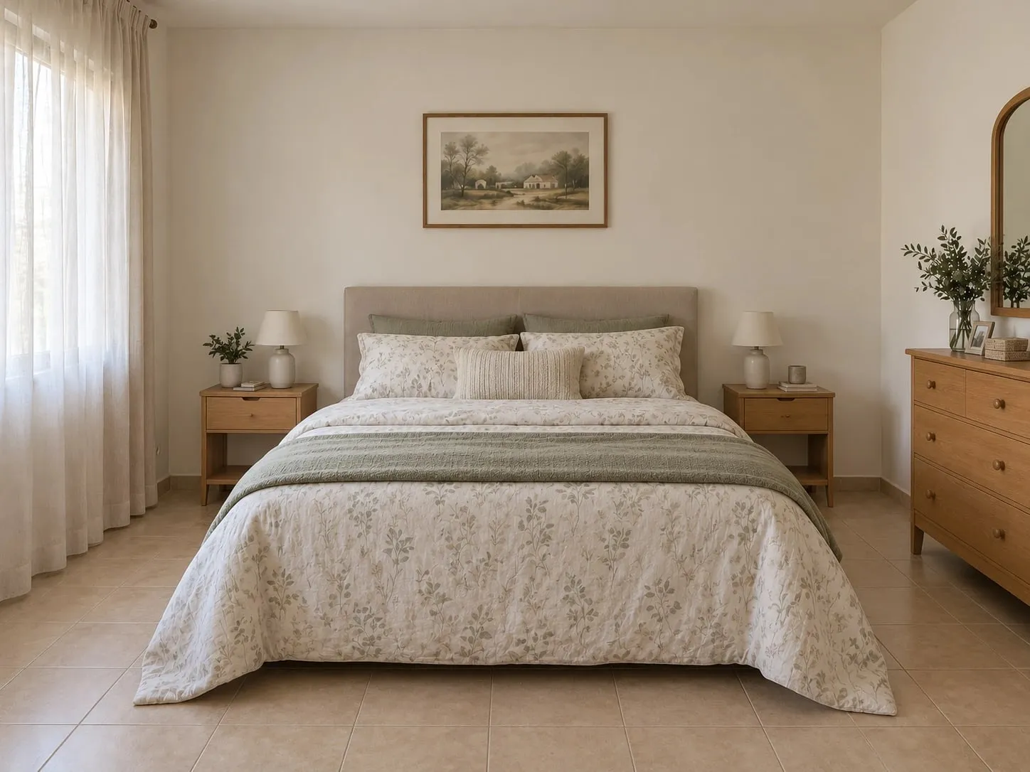 El mismo dormitorio antes, con suelo cerámico beige y pared lisa