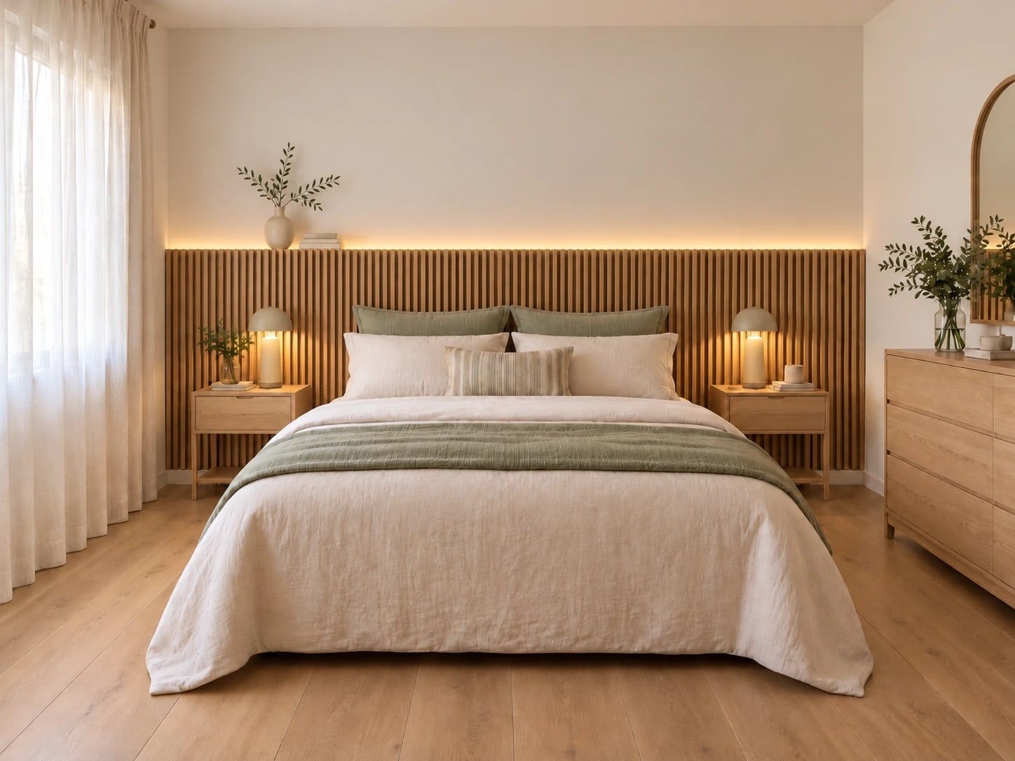 Dormitorio con palillería de roble a media altura con luz LED y tarima de roble claro