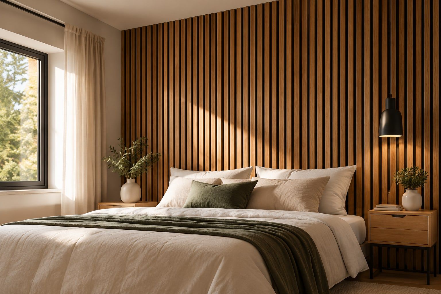 Dormitorio con pared completa de palillería de roble detrás del cabecero de la cama