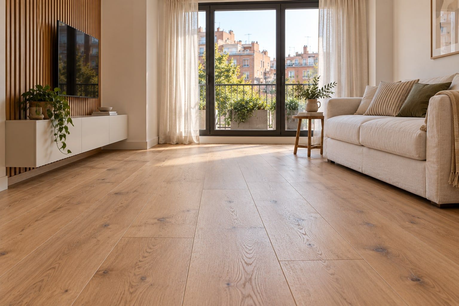 Salón con suelo de madera de roble en lamas anchas
