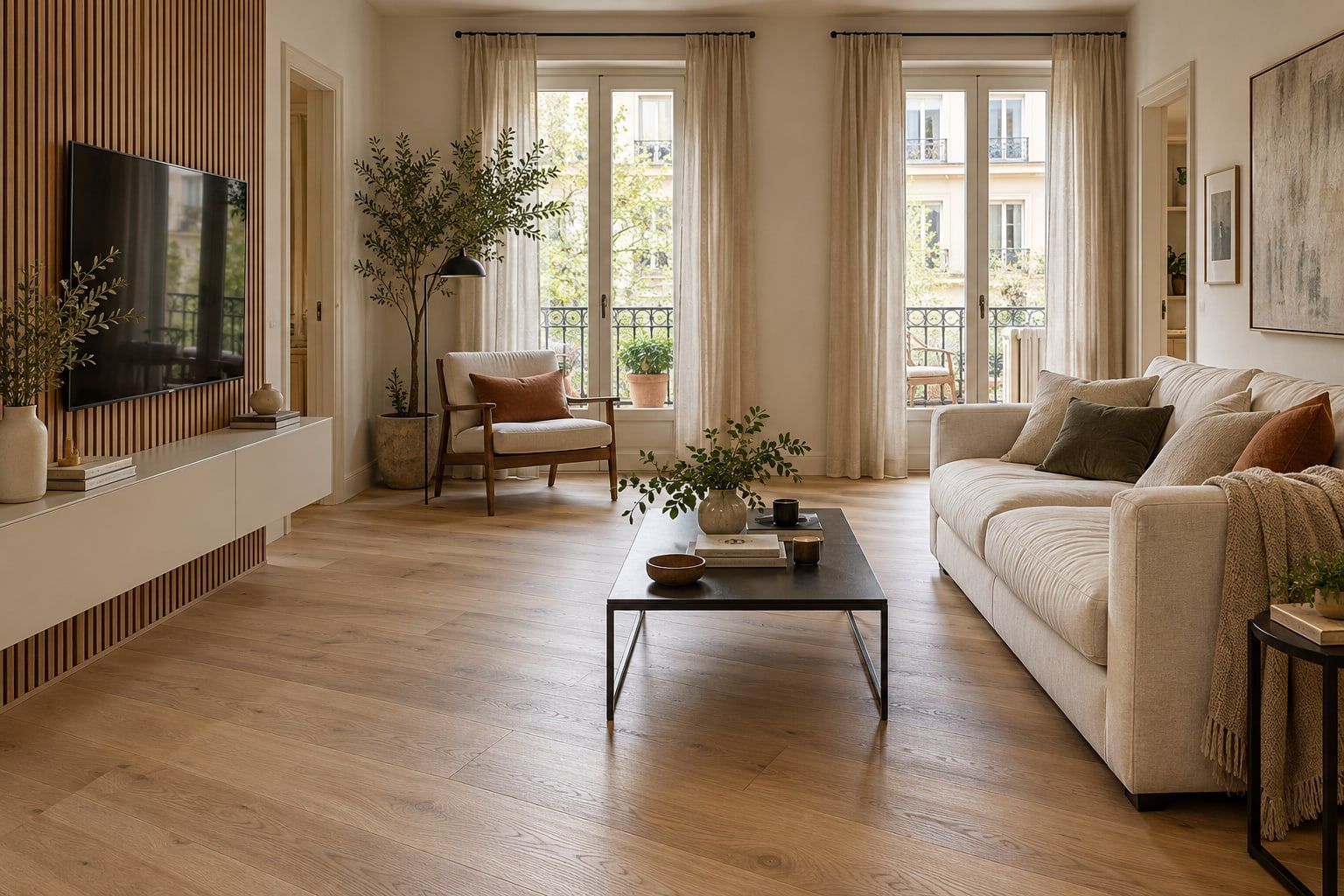 Salón con suelo laminado imitación roble natural y pared de palillería